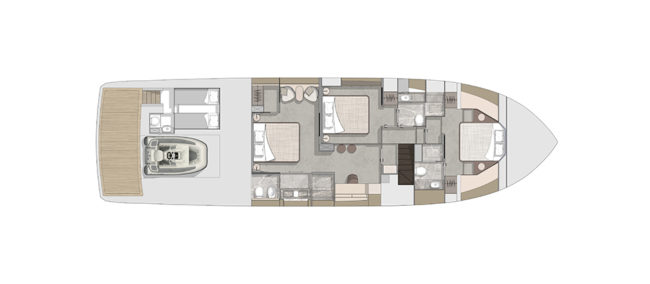 Layout sottocoperta 3 cabine del Cranchi Sessantasette Corsa.