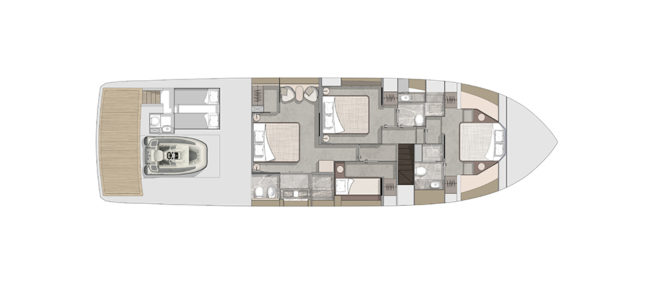 Layout sottocoperta 4 cabine del Cranchi Sessantasette Corsa.